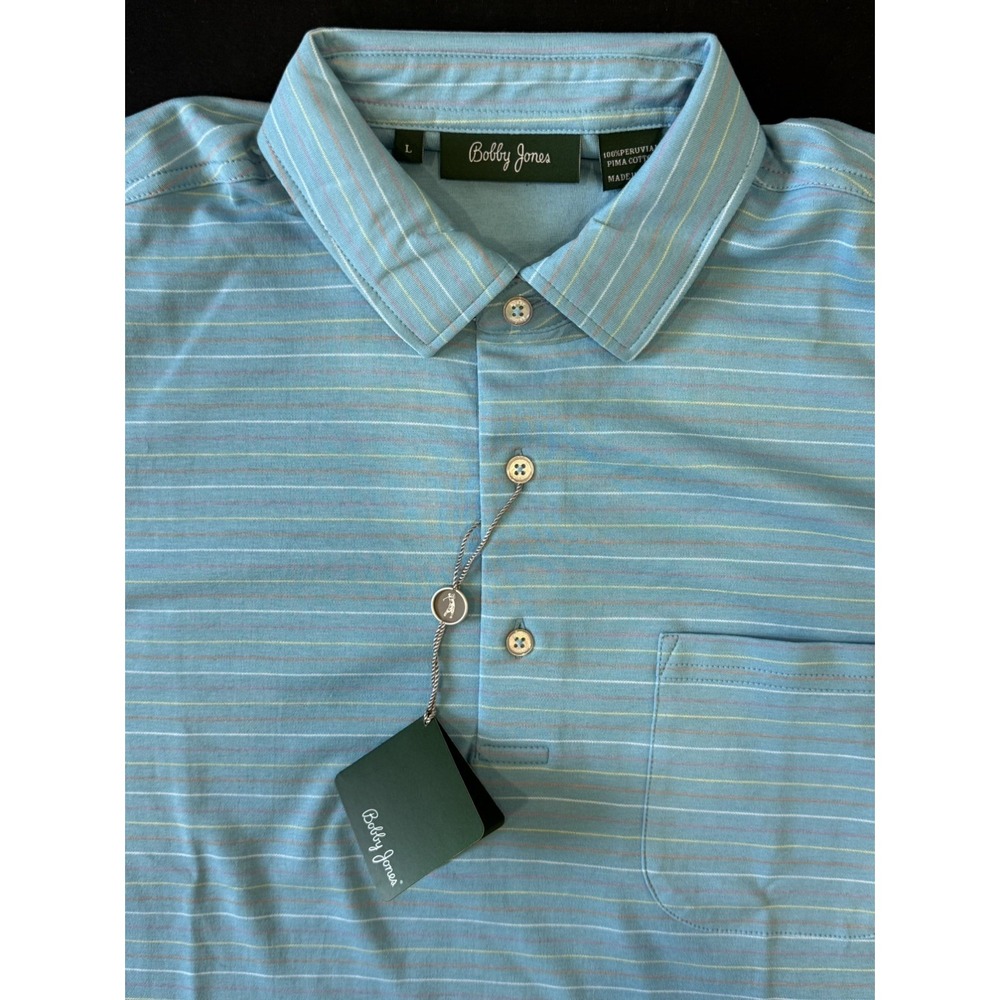NWT Bobby Jones Men's Light Blue Striped Polo Golf Shirt Cotton Hilton Chicago L